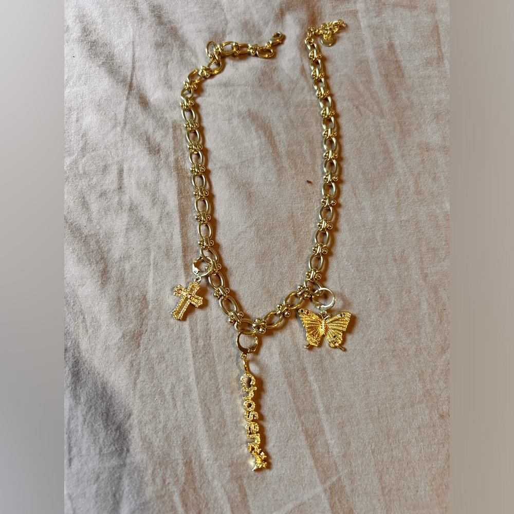 Treasure Jewels Gold Chain Necklace with Cross, “Chosen”, and Butterfly Charms